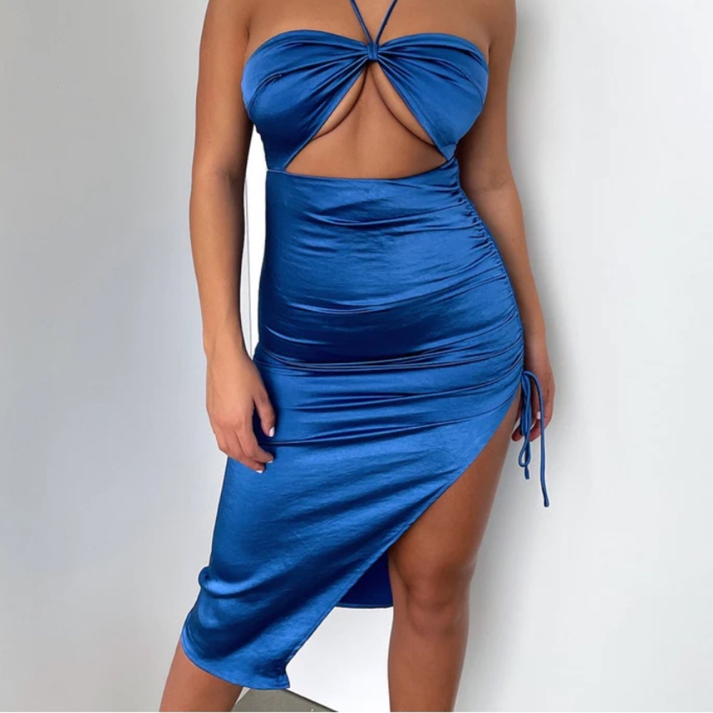Cutout Split Leg Satin Blue Andrea Midi Dress